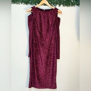 Maggy London Womens 4 Maroon Burnout Velvet Patterned Cold Shoulder Midi Dress